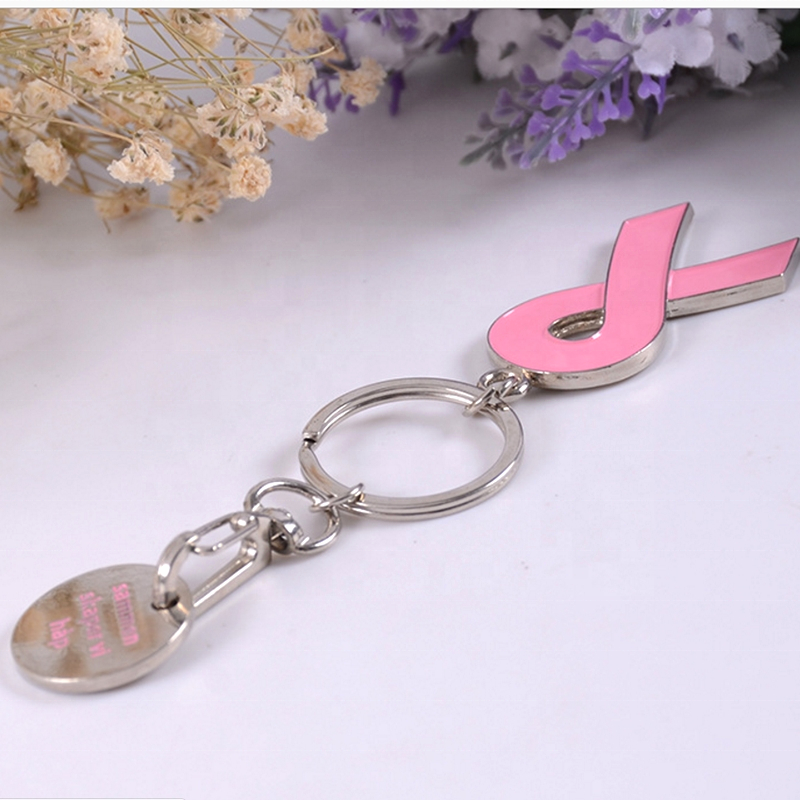Breast Cancer Awareness Ribbon Charm Keychain w/ Metal Tag 3