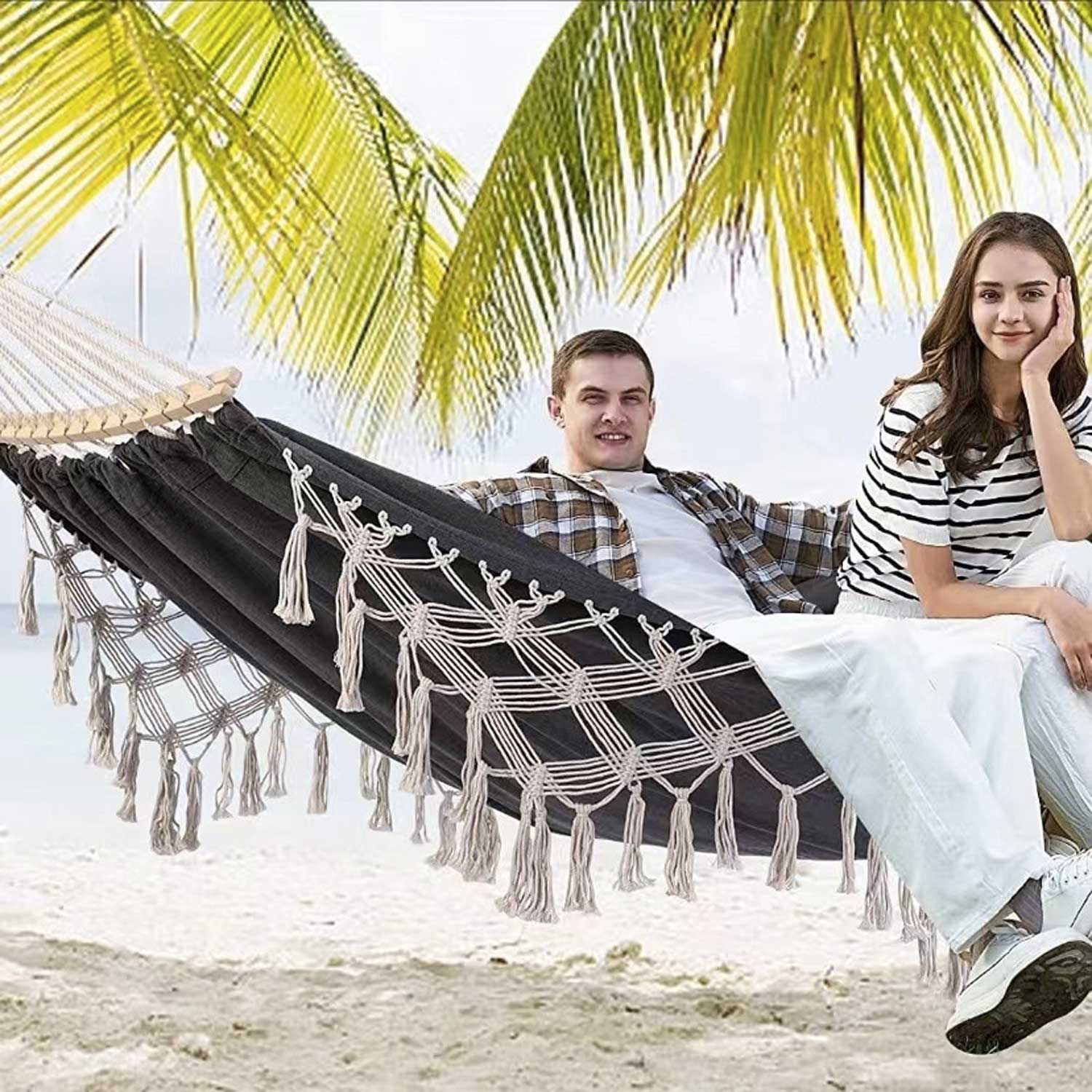Outdoor Fringe Hammock - Anti-Roll Heavy Canvas Swing 4