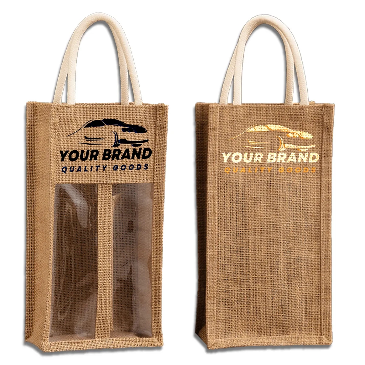 Natural Jute Wine Tote Gift Bag with Dividers Double Window, custom tote bag with logo imprint 3