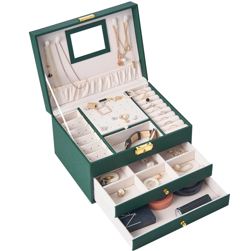 Custom 3-Layer PU Jewelry Organizer Box with Drawer & Mirror 13