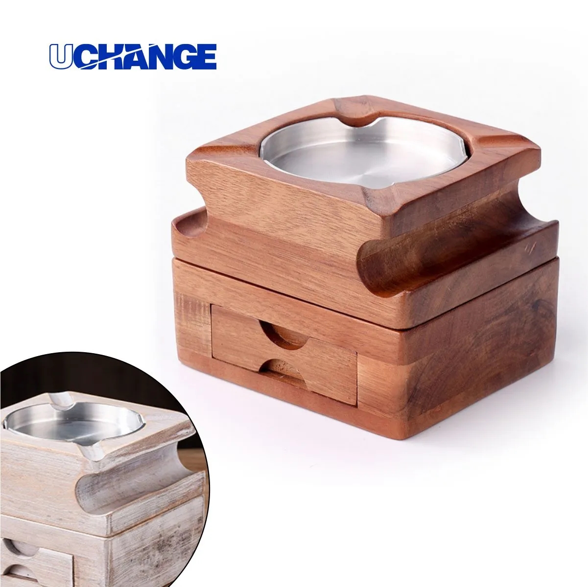 Detachable Wood Cigar Ashtray W/ Whiskey Glass Holder Drawer 5
