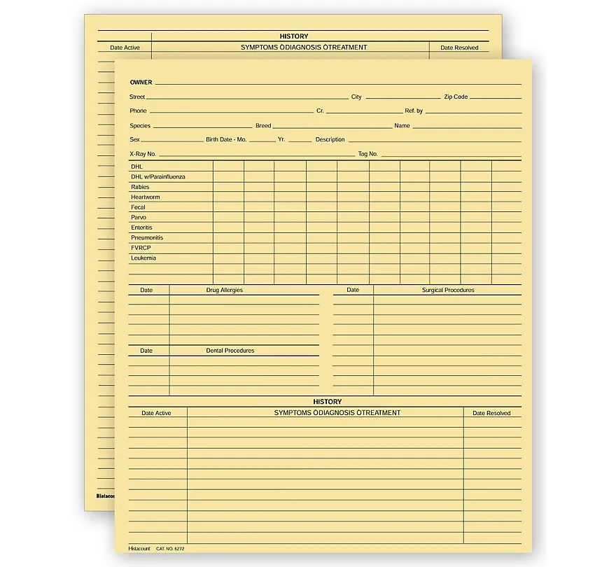 Vet Animal History Exam Record, 2 Sided, Letter Size 2