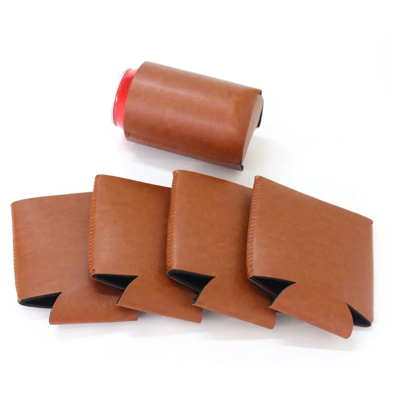 PU Leather Can Cooler Sleeve – Foldable Beverage Holder for Cans & Bottles, custom koozie with logo imprint 6