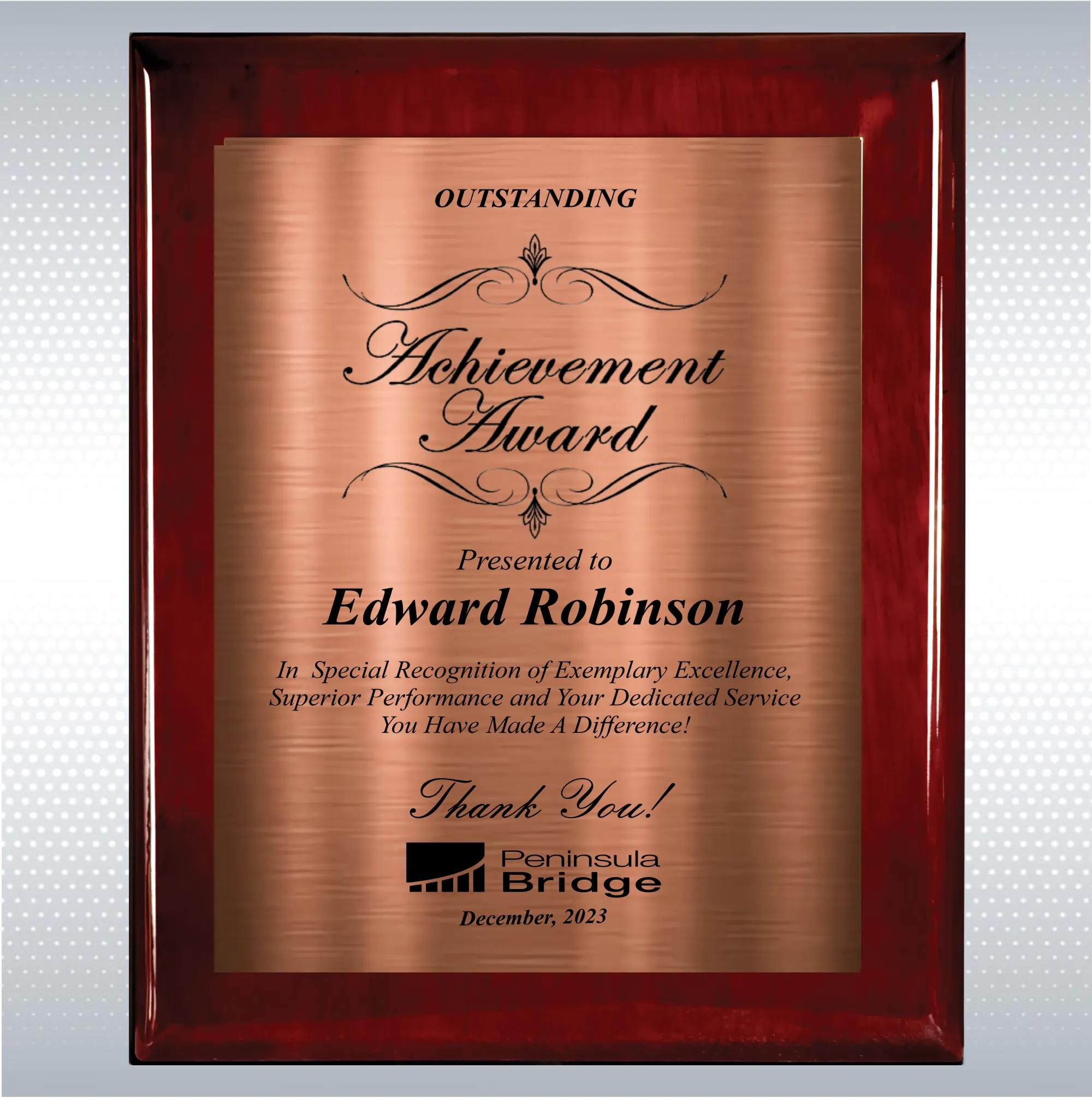 Rosewood Piano Wood Excellence Employee Recognition Plaque 14