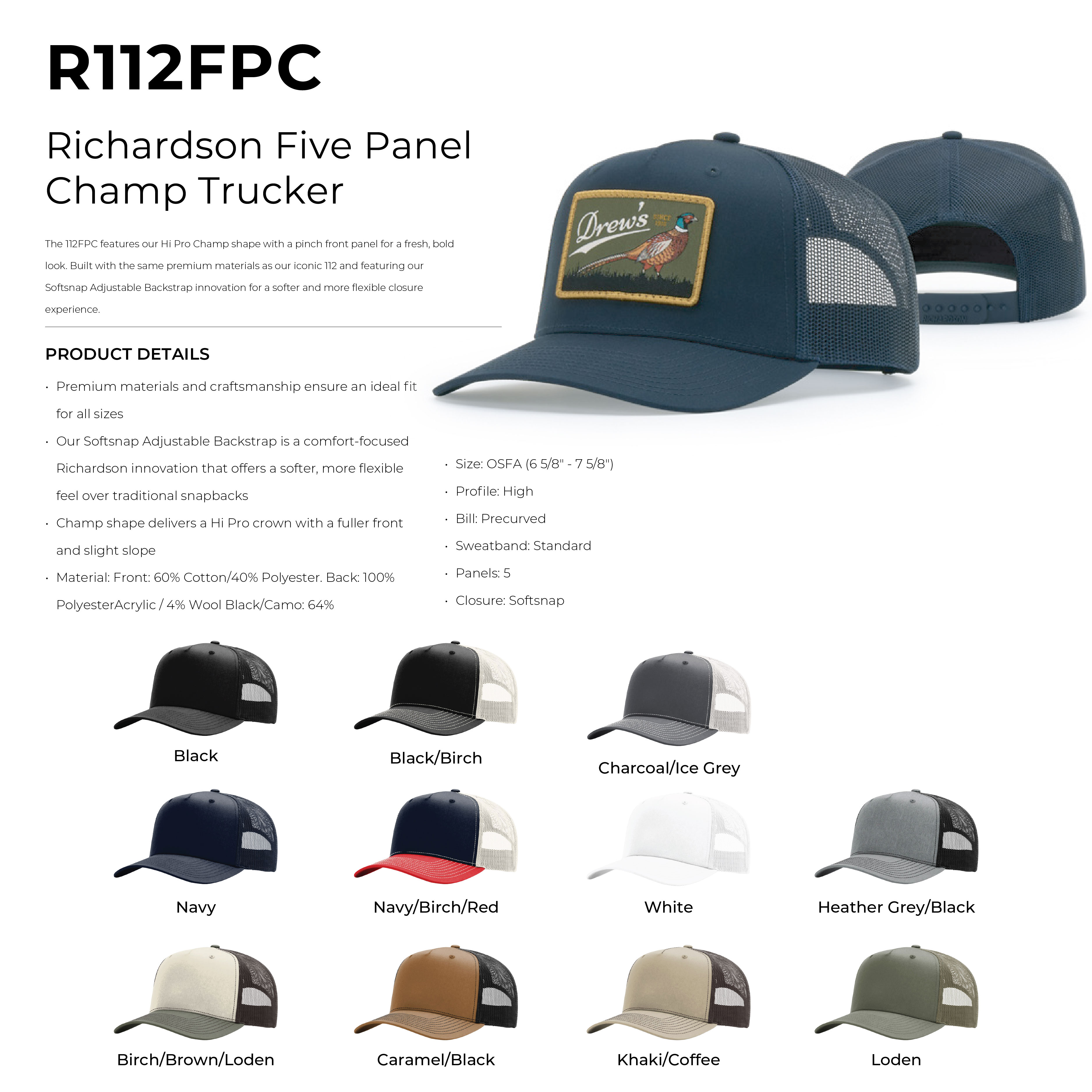 Richardson 112FPC Champ 5-Panel Snapback Trucker Hat w/Leatherette Adhesive Patches or Embroidery 4