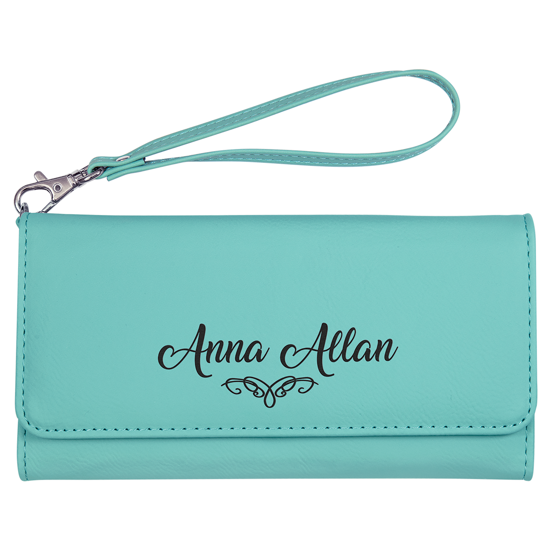 7 1/2" x 4" Teal Leatherette Wallet with Strap 2