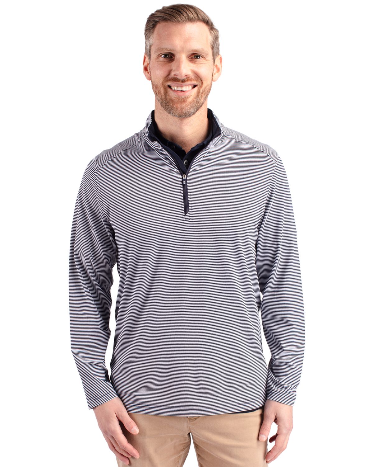 Cutter & Buck Virtue Recycled Micro Stripe Featherlight Pique Mens Quarter Zip Pullover 20