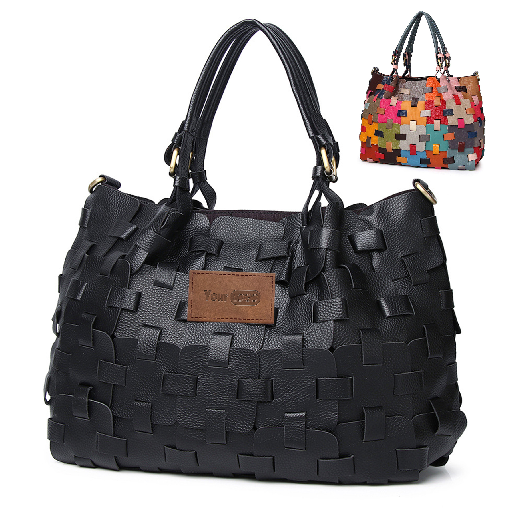 Genuine Leather Colourful square-paneled tote bag, custom tote bag with logo imprint 4