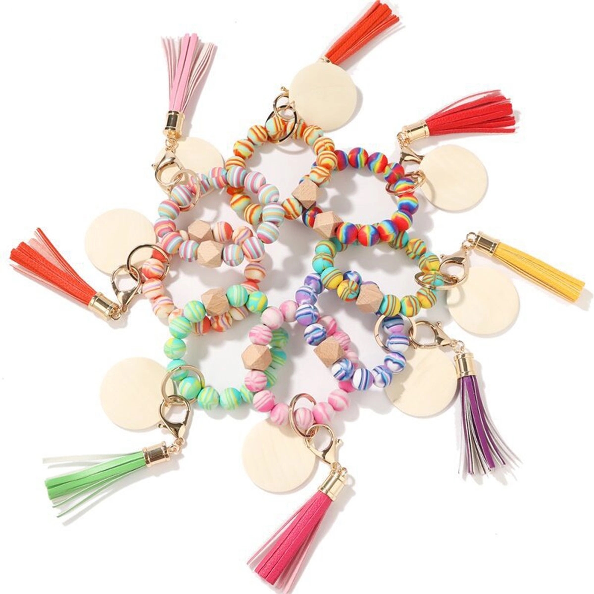 Tie Dye Rubber Bead Wood Bead Bracelet Keychain 1