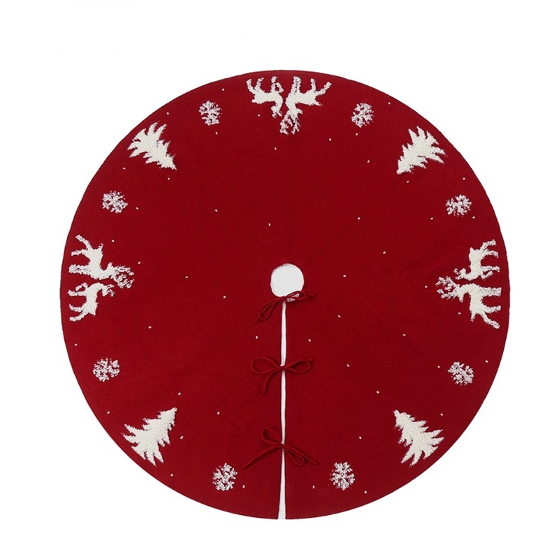 Red Knitted Christmas Tree Skirt with Snowflake & Reindeer 2