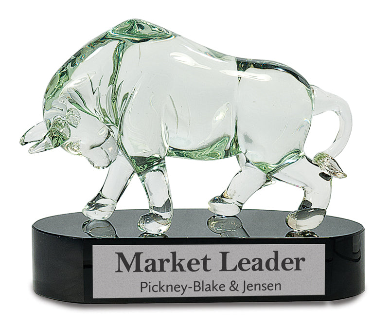 7" Clear Art Glass Bull On Black Base 2