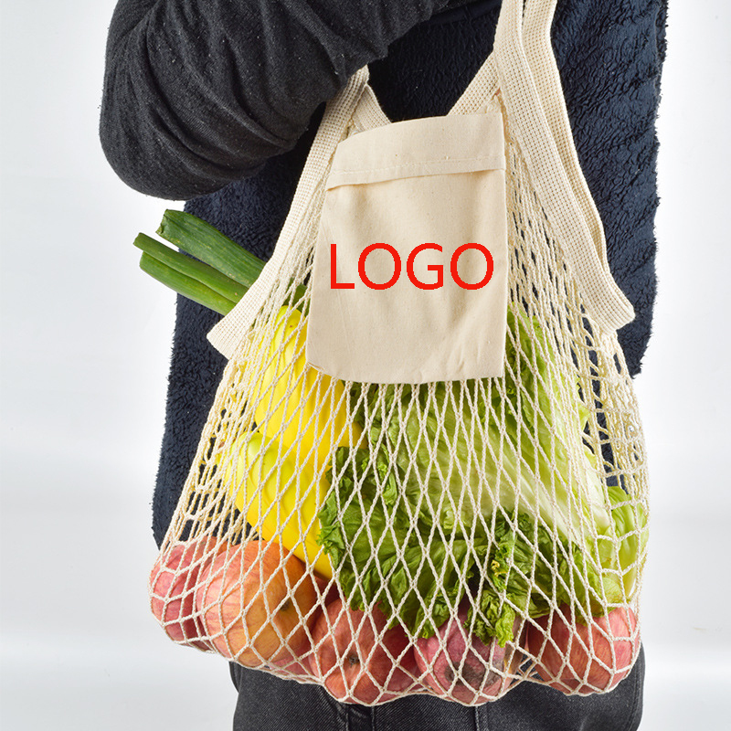 Vegetable Kitchen Cotton Net Bag w/Long Handle String & Pocket 13