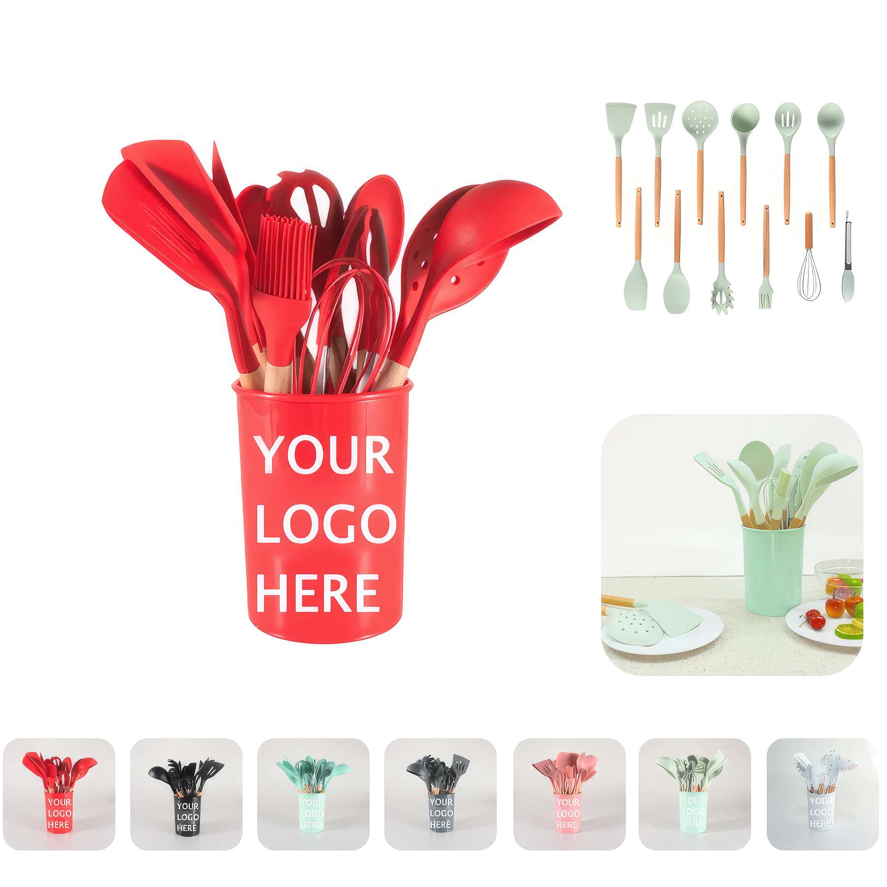 Custom Wooden Handle Silicone Kitchen Utensil Set - 12pcs 1