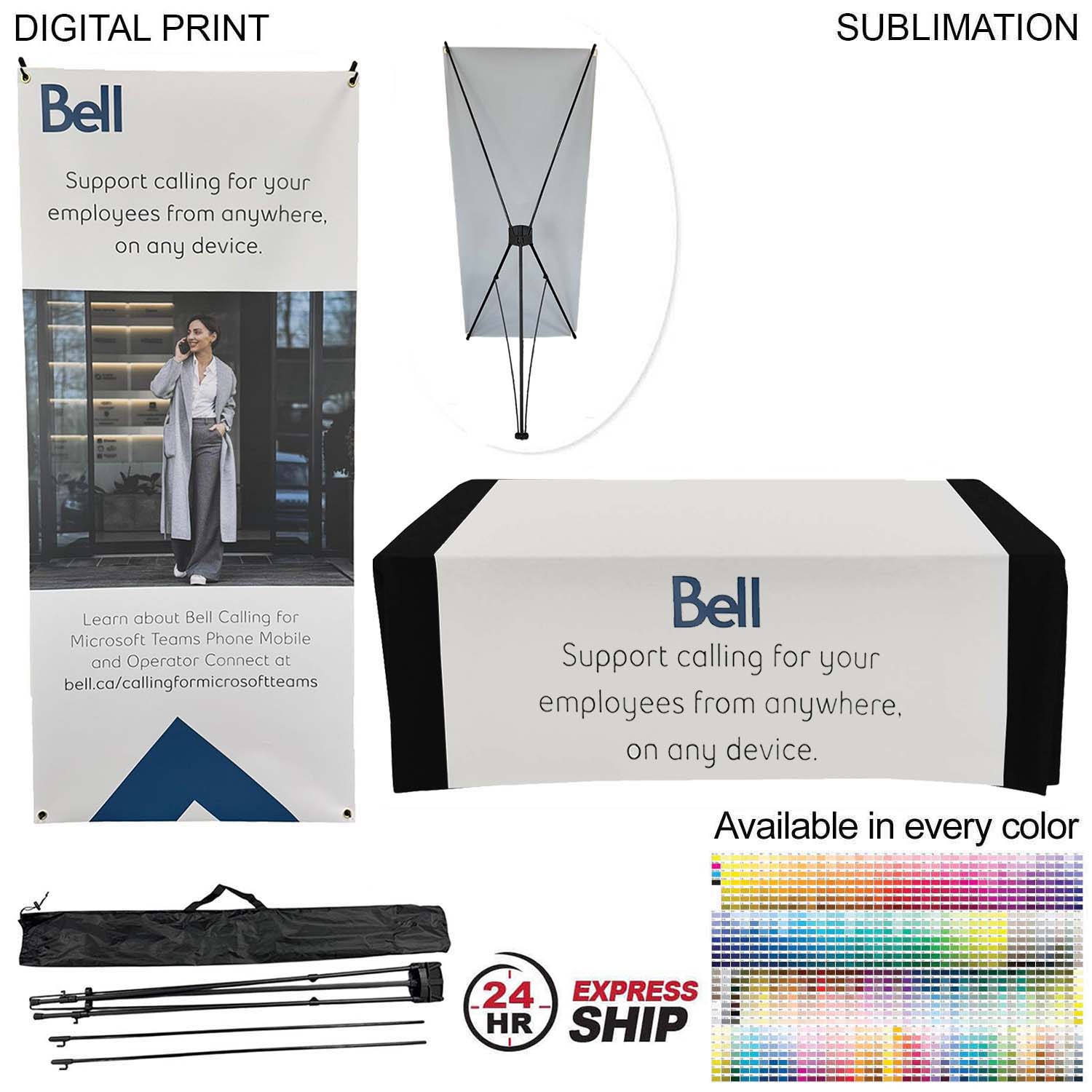 24Hr Express - Tradeshow Package, Tripod Banner with Graphic DP787 + Sublimated Tablerunner SU622