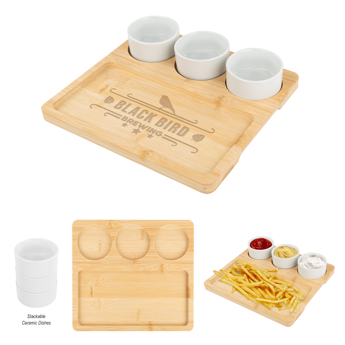 Bamboo Serving Tray With Ceramic Bowls 3
