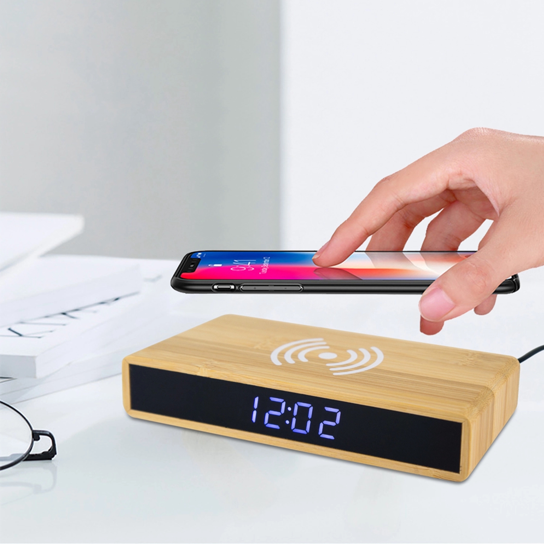 5 W Bamboo Wooden Wireless Charger With Digital Clock 5