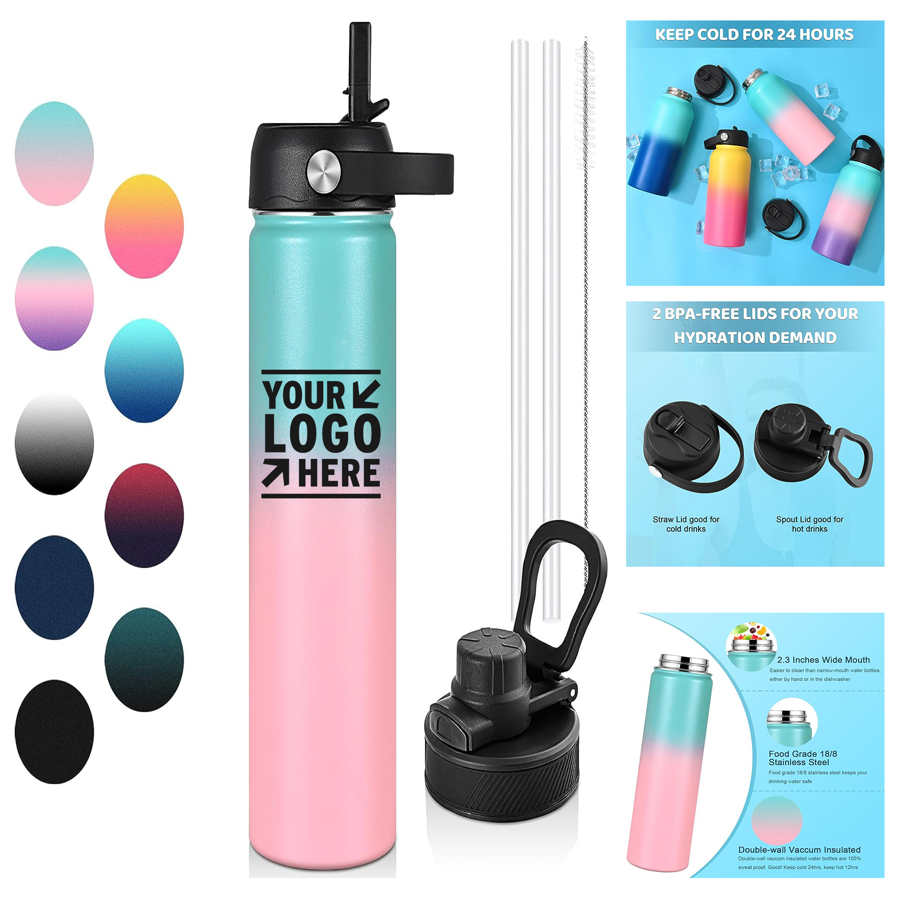 Straw Chug Lid 24 OZ Girl Women Small Stainless Steel Sports Thermo Water Bottle 2