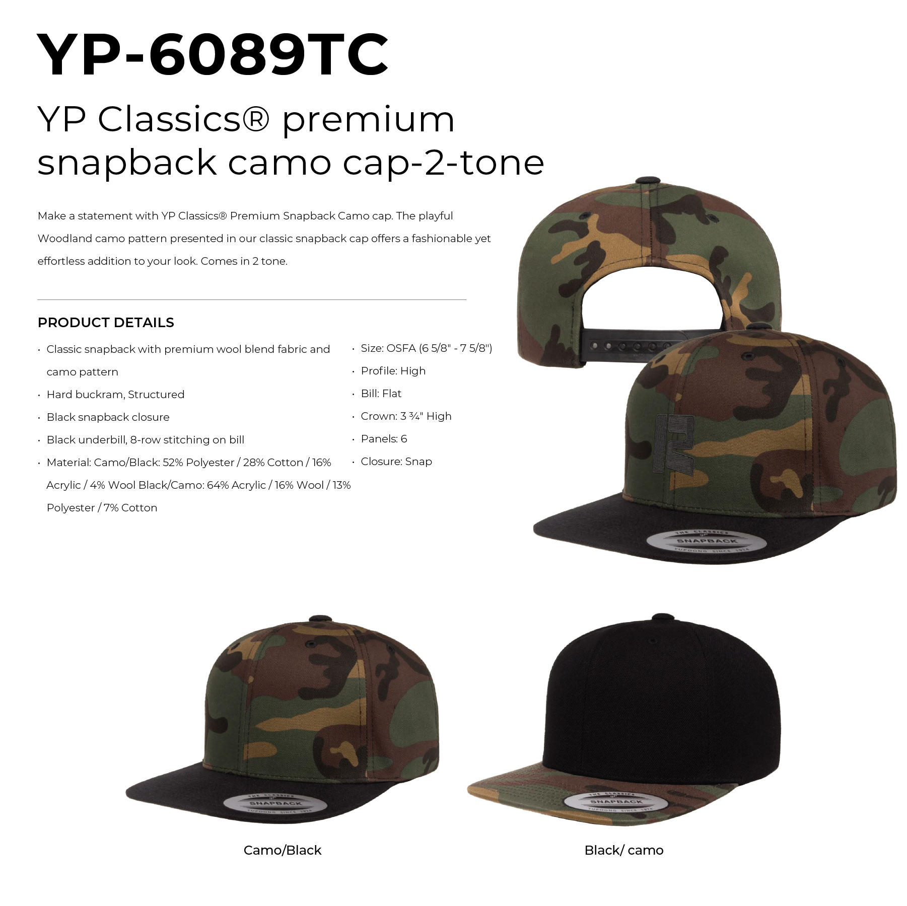 Yupoong 6089TC YP Classics Premium Snapback Two-Tone Camo Hat with Embroidery 4