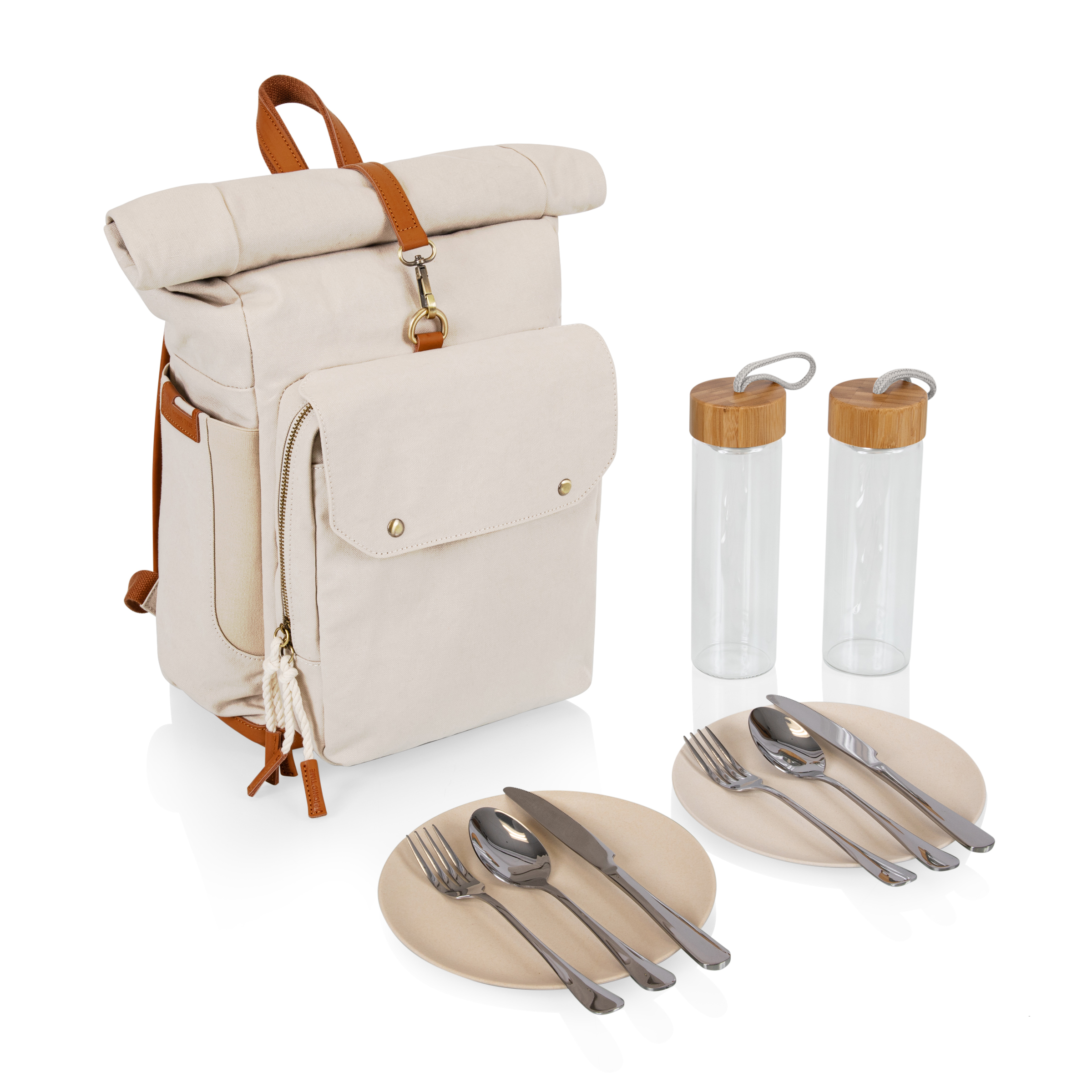 Carmel Roll Top Picnic Backpack Cooler with Utensil Set & Glass Water Bottles 2