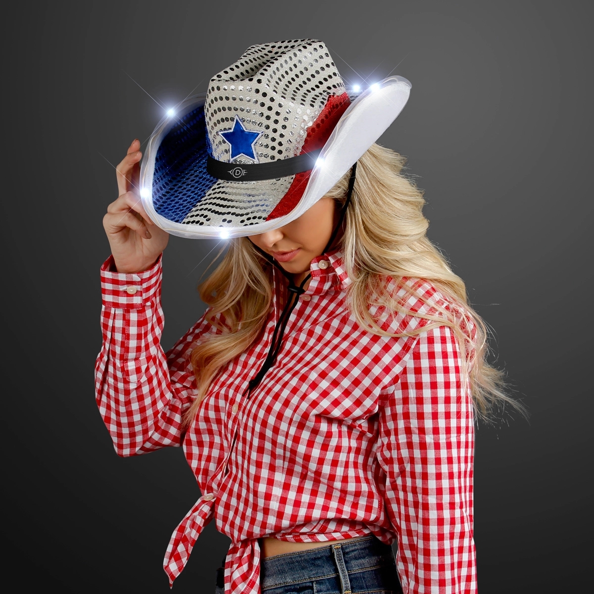 Red, White & Blue LED Cowboy Hat with Black Band 7