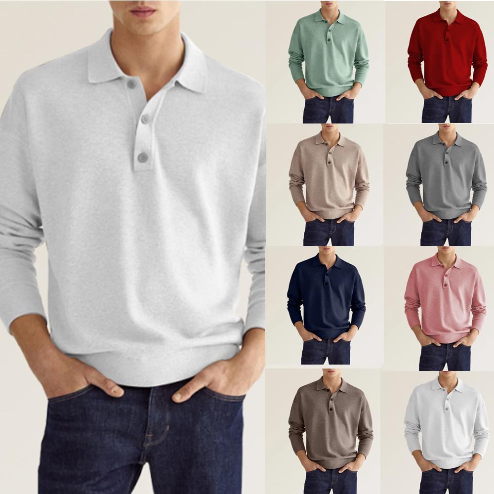 Long Sleeve V-neck Button Casual Men's Polo Shirt 7