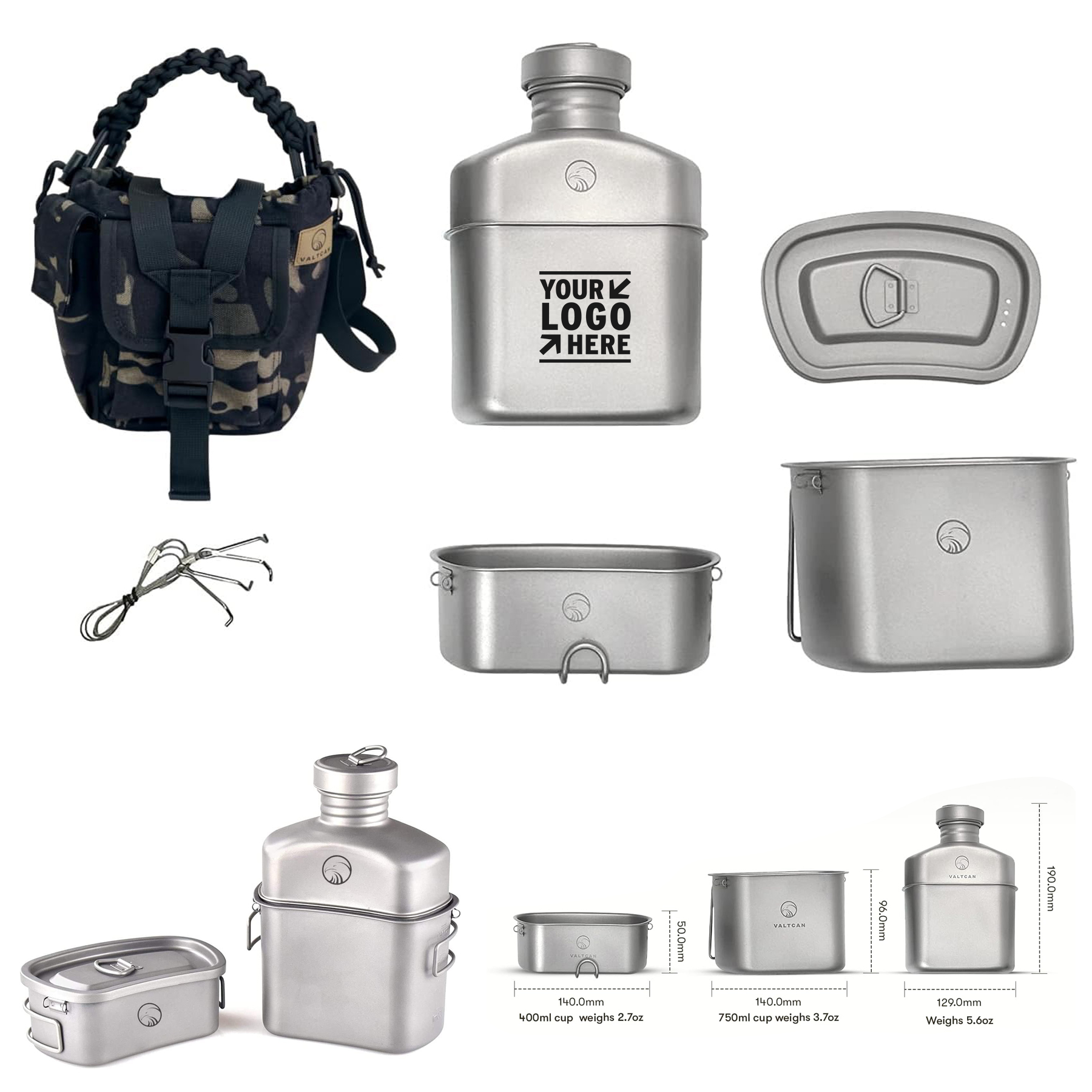 Travel 1100ml 37oz Capacity Titanium Canteen Military Mess Kit with 750ml and 400ml Cookware Cup 2