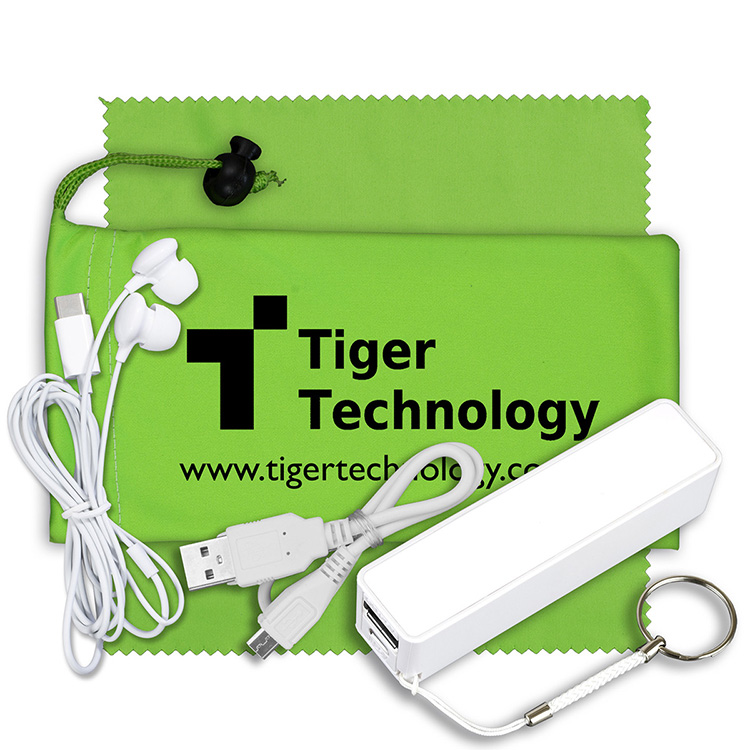 Mobile Tech Power Bank Accessory Kit with Earbuds in Microfiber Cinch Pouch 3