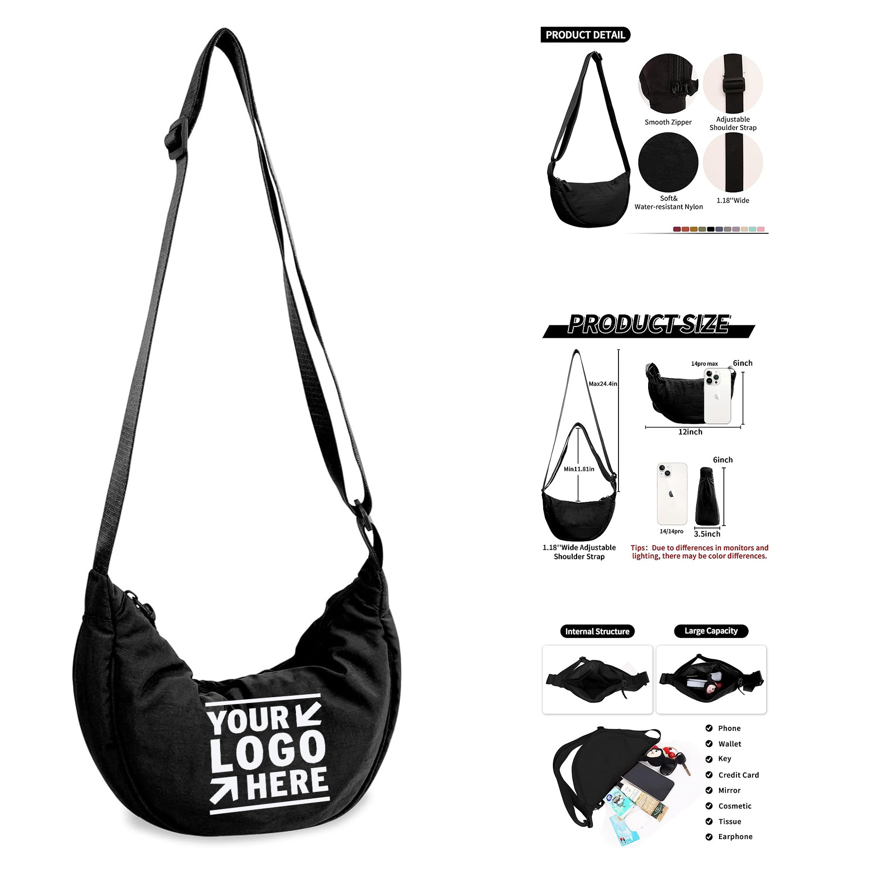 Small Nylon Crescent Crossbody Women Men Trendy Travel Sling Bag 3