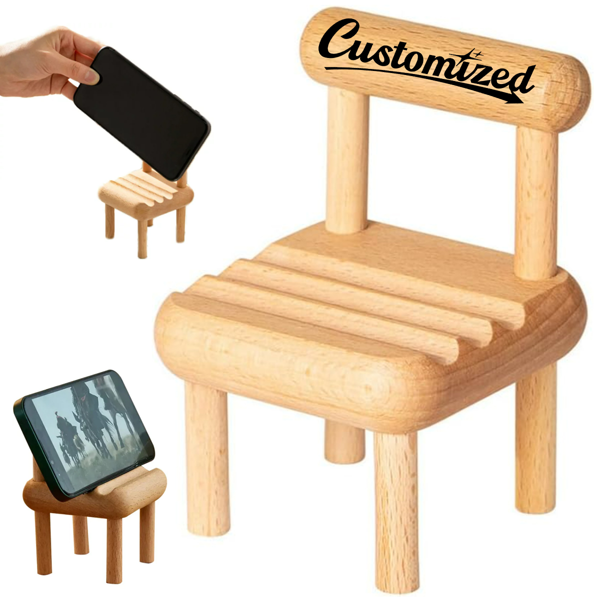 Mini Wooden Chair Phone Stand Desk Display Mobile Holeder 4