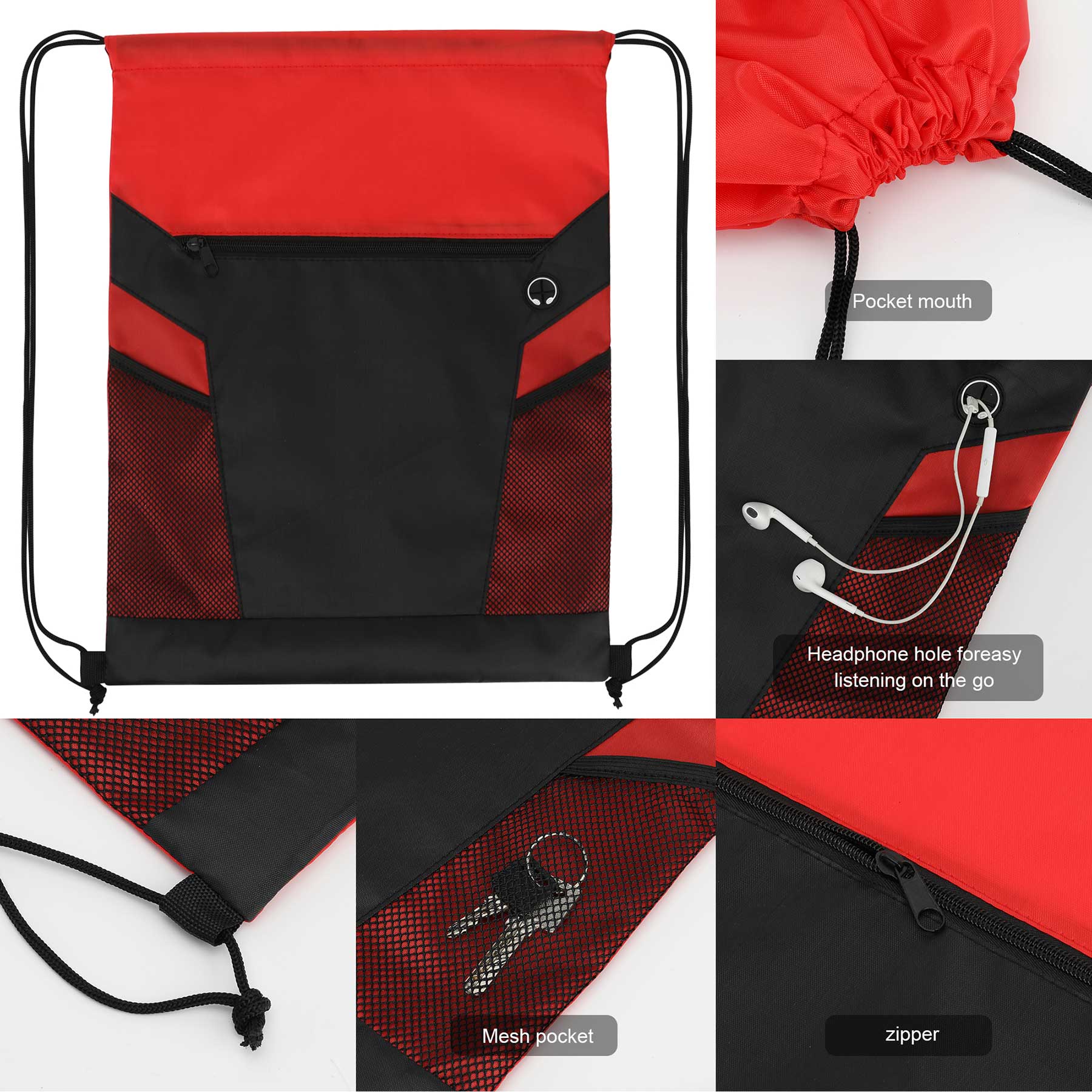Zippered Drawstring Backpack With Mesh Pockets 3