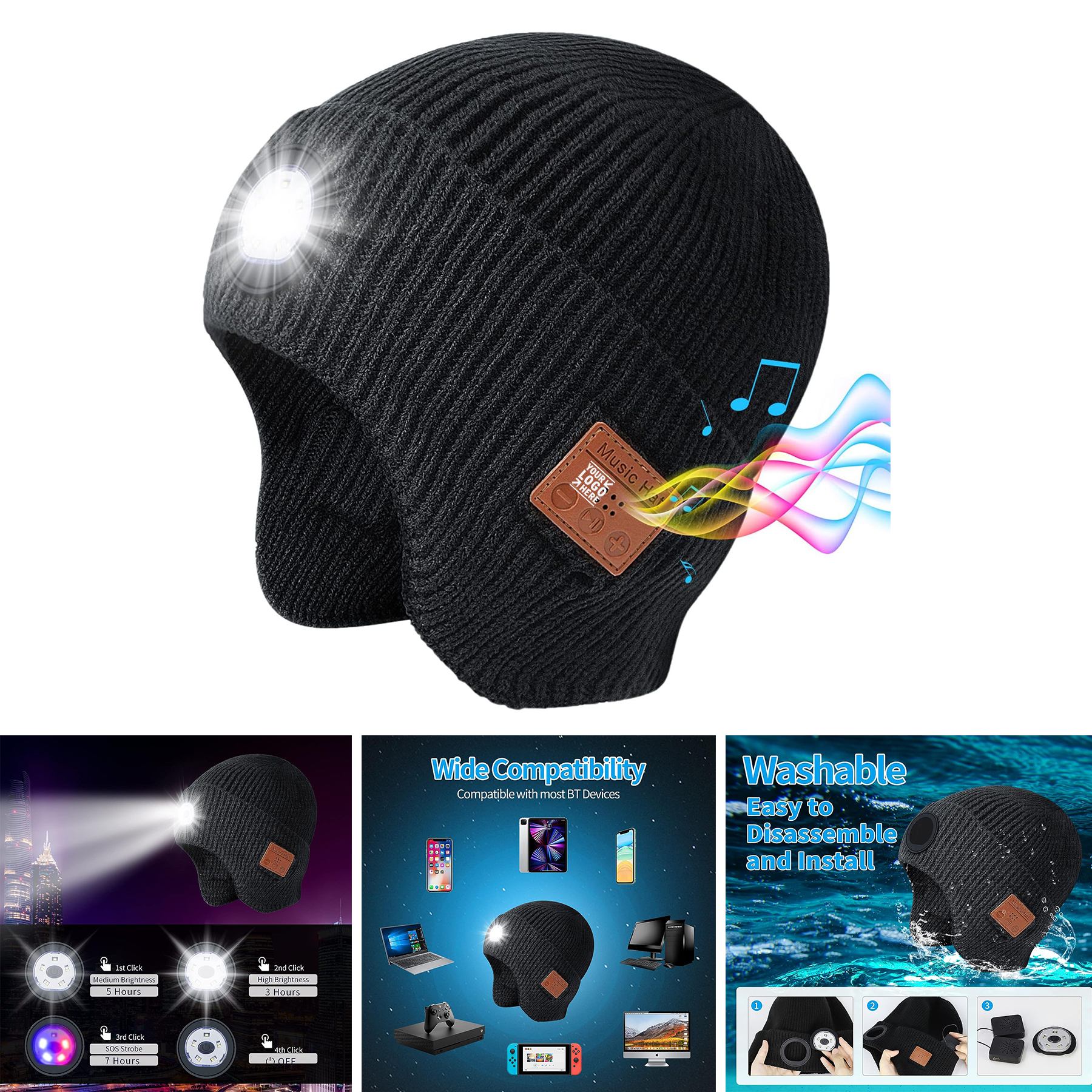 Built-in Wireless Headphones LED Light USB Rechargeable Bluetooth Hat 2