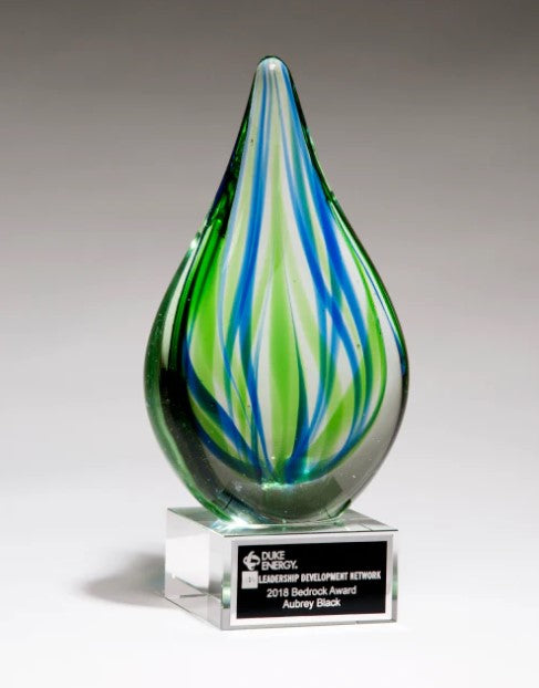 8" Blue And Green Teardrop Art Glass On Clear Glass Base With Black Laserable Aluminum Plate 2