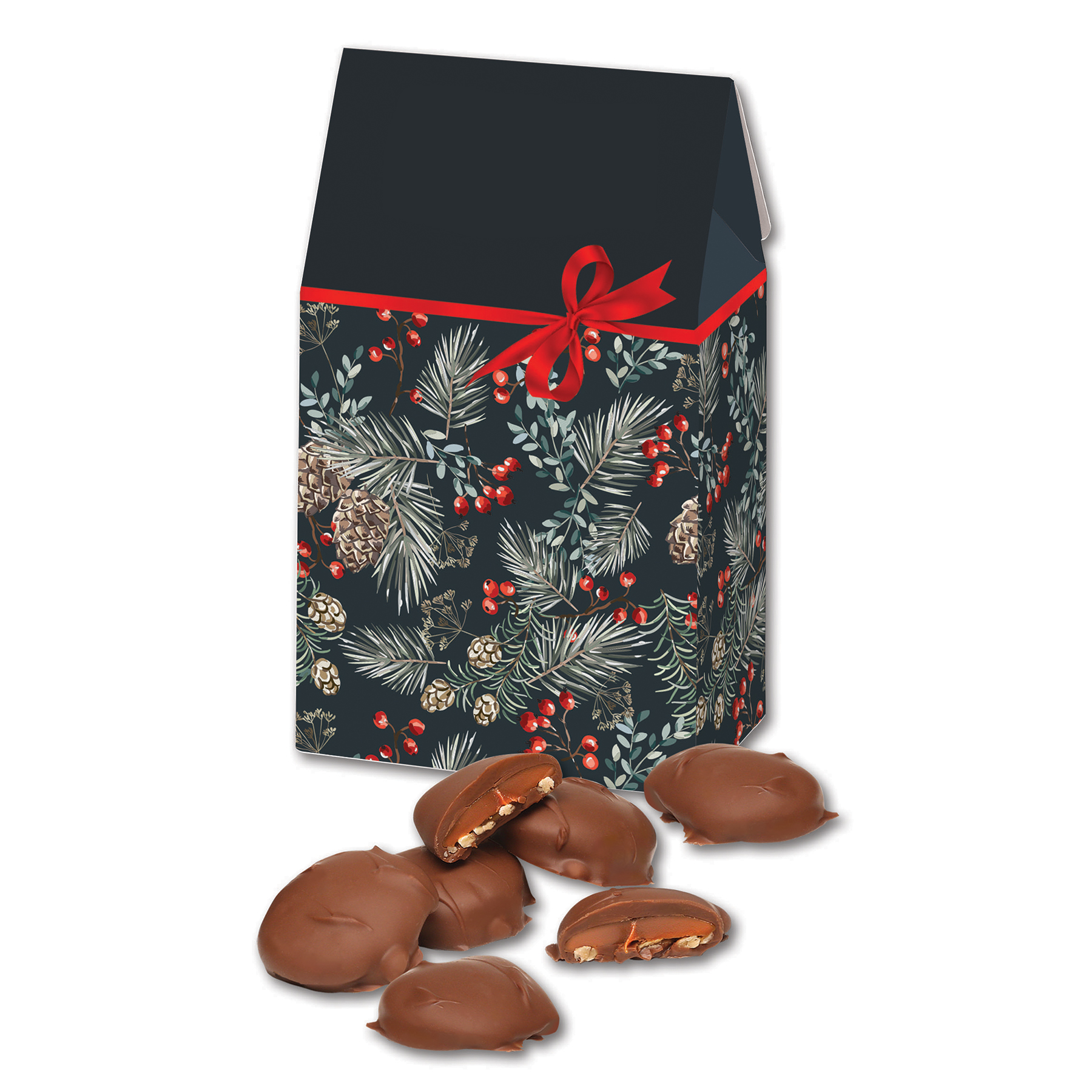 Caramel Pecan Clusters in Pine Boughs & Berries Gable Top Gift Box 2
