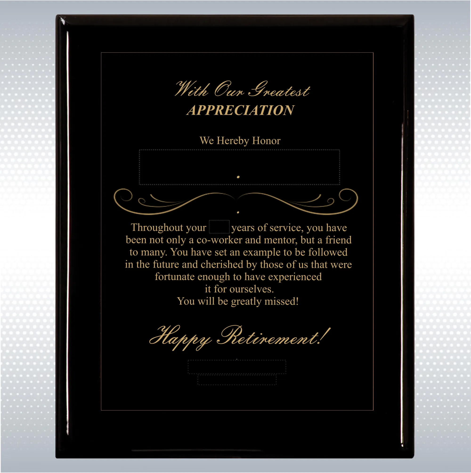 Black Piano Finish Wood Plaque Retirement Gift Award 9