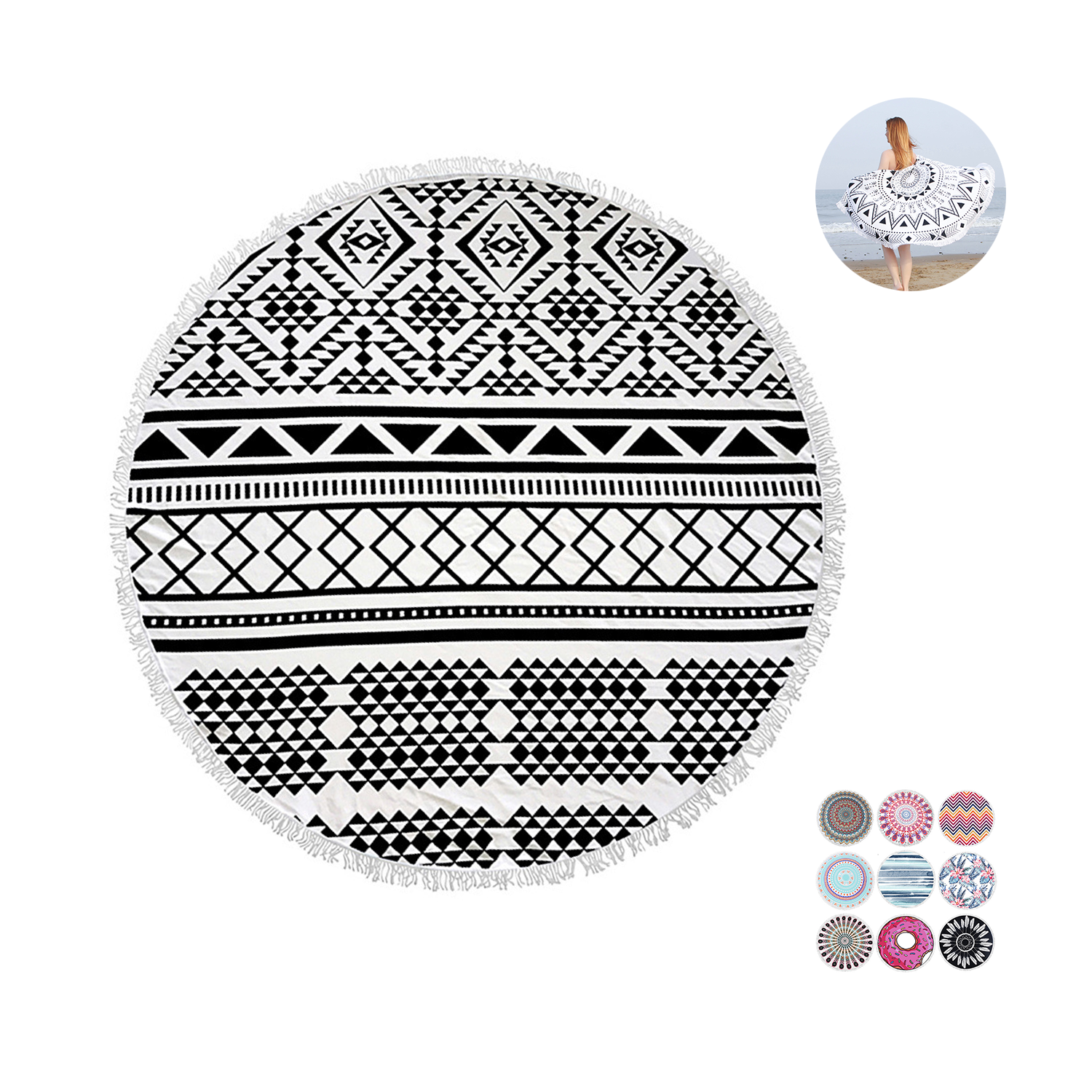 Round Quick Dry Beach Towel w/ Tassel 2