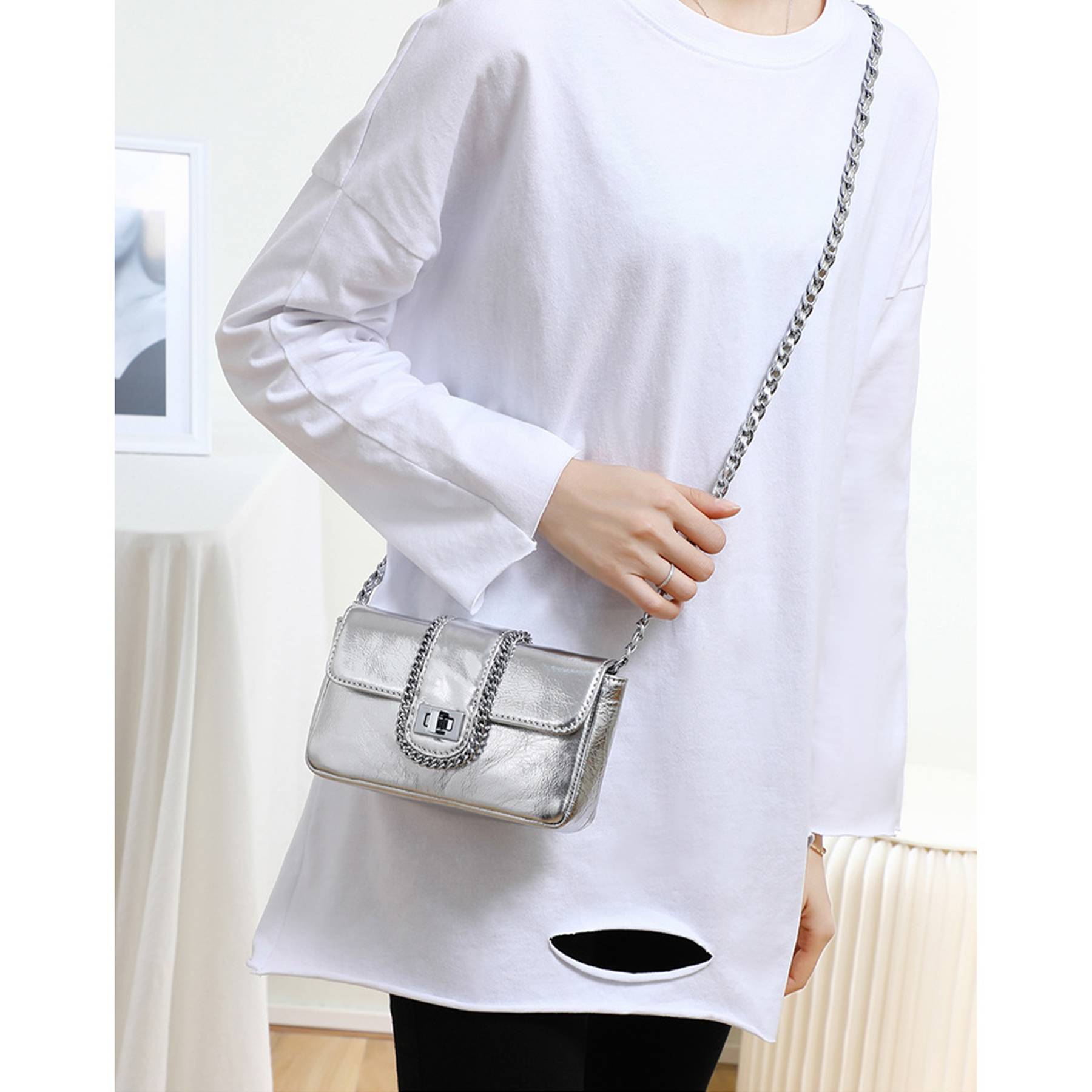 Genuine Leather cross-body metal chain messenger bag 5