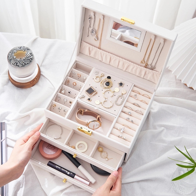 Custom 3-Layer PU Jewelry Organizer Box with Drawer & Mirror 3