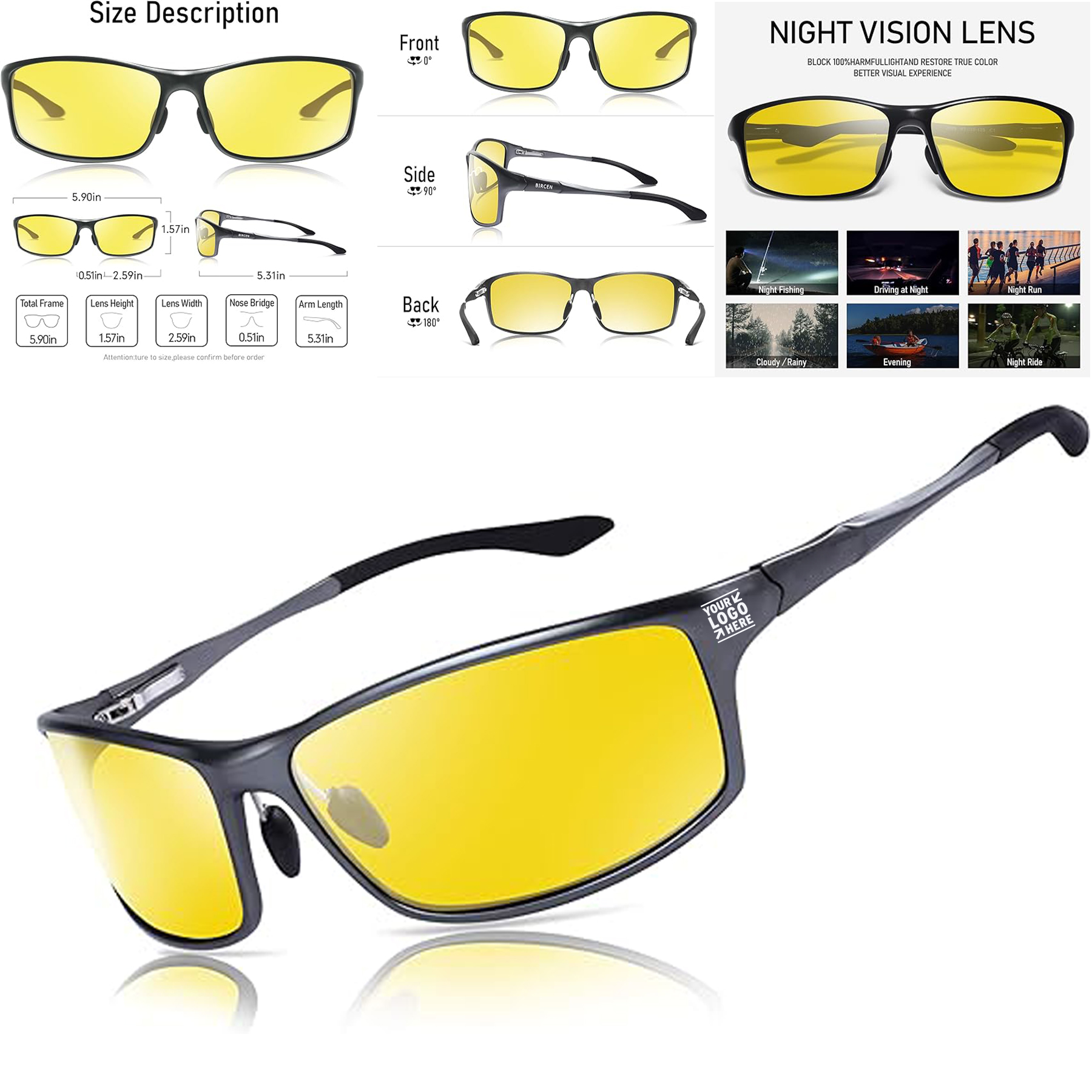 Men HD Anti Glare Al-Mg Frame Night Driving Vision Glasses 2