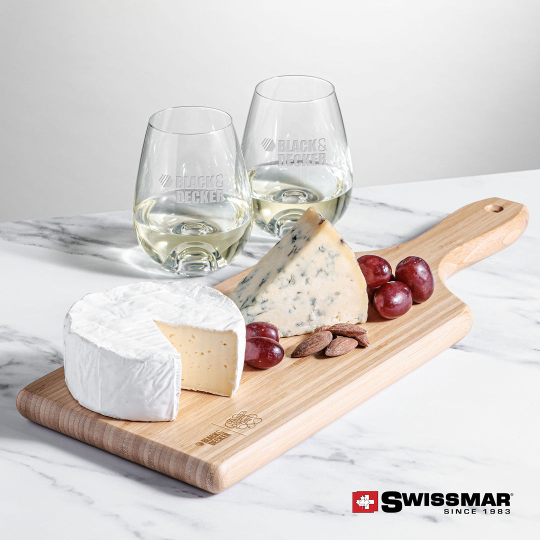 Swissmar® Bamboo Board & 2 Edderton Stemless Wine 3