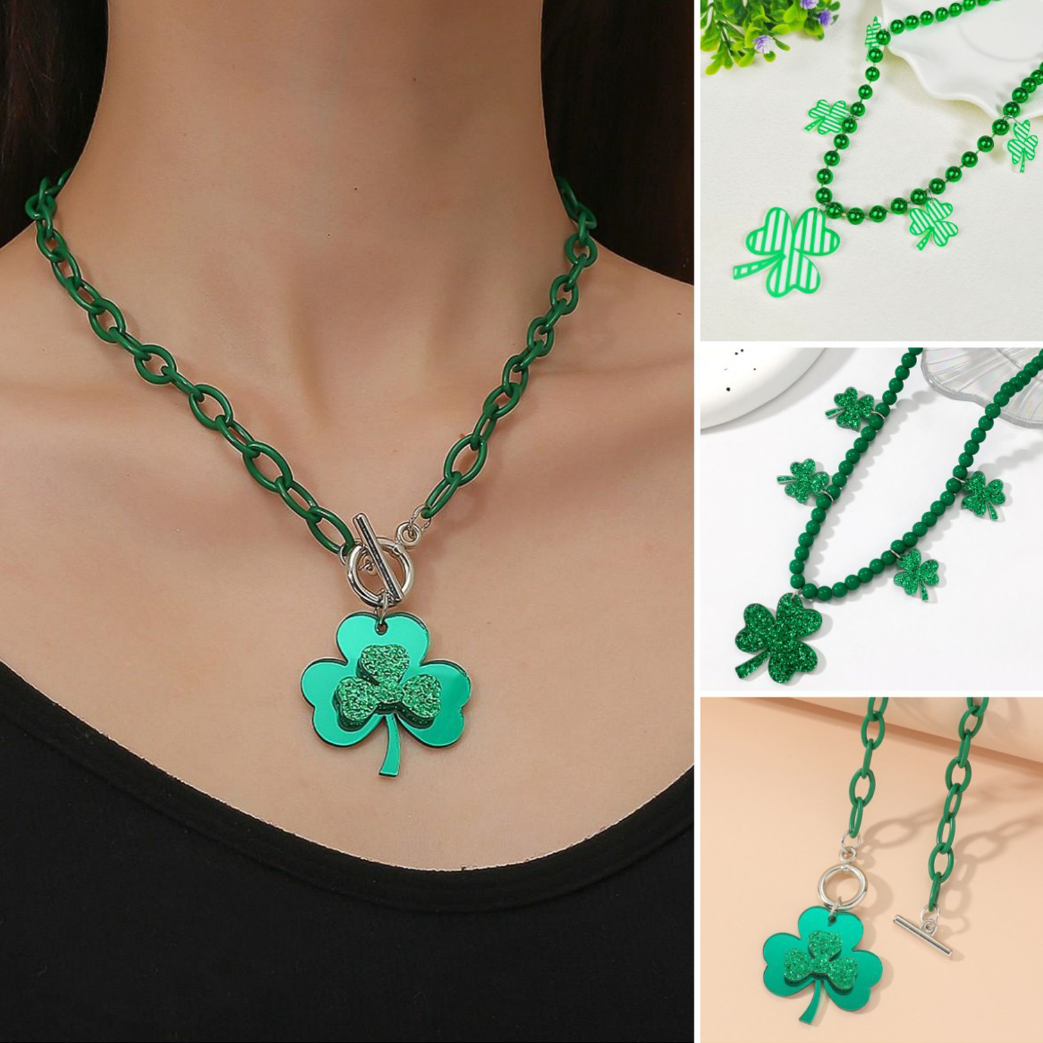 Fashion personality green clover necklace collarbone chain 6