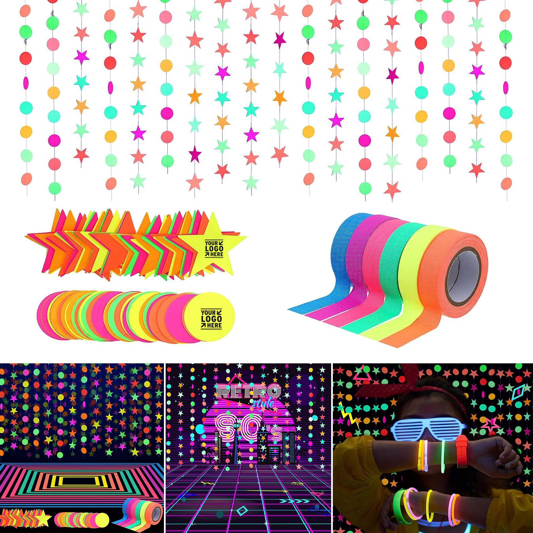 6 Colors 98.4ft UV Blacklight Reactive Tape 29ft Stars Garland 127ft Neon Party Glow Supplies Set