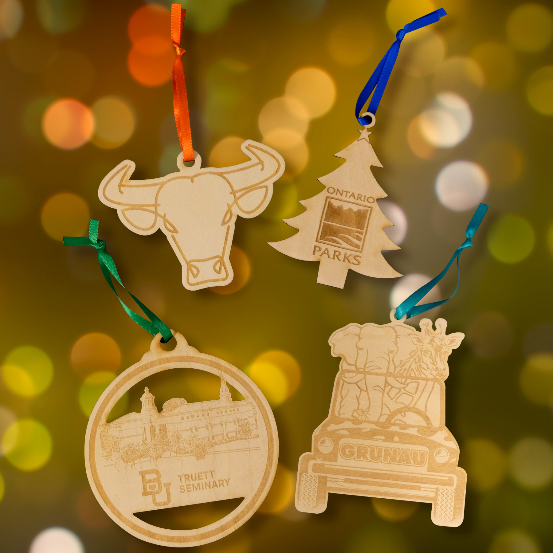 Wood Ornaments: 4" W x 4" H 8