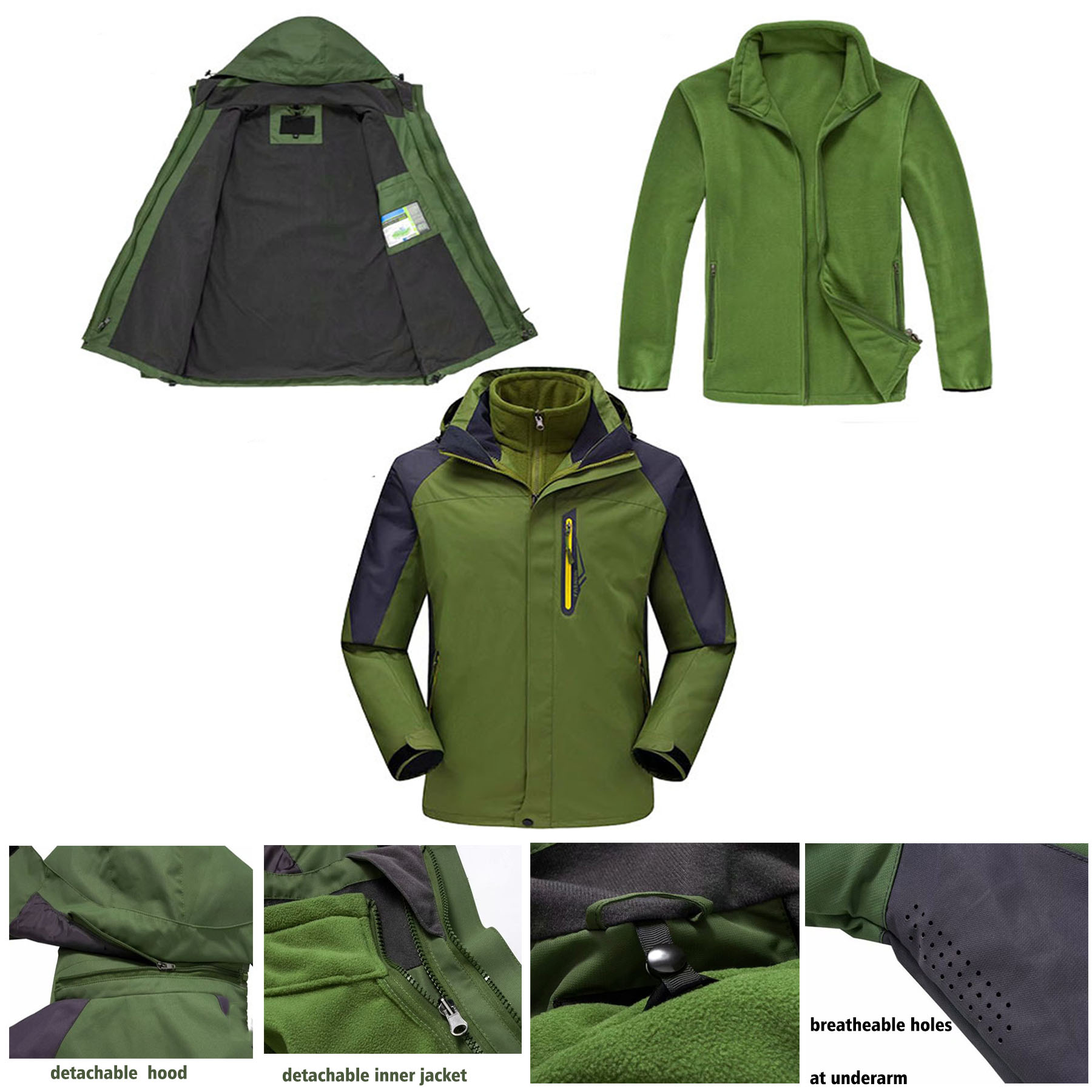 Unisex 2-in-1 Windproof Water Resistant Zip Up Detachable Hoodie 3