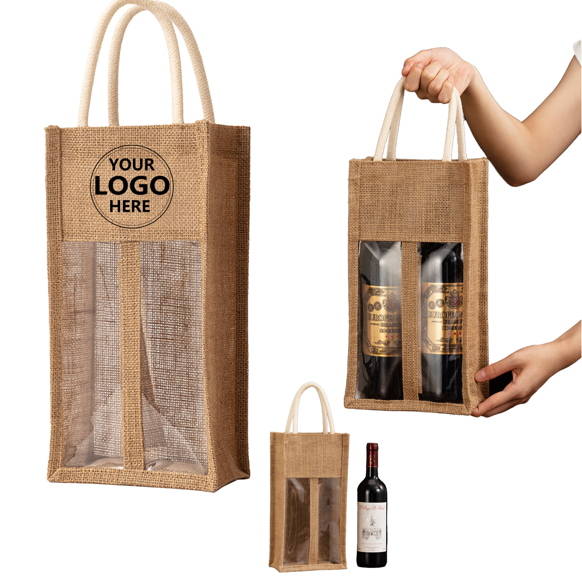 Jute Transparent Double-Bottle Wine Tote Bag, custom tote bag with logo imprint 2