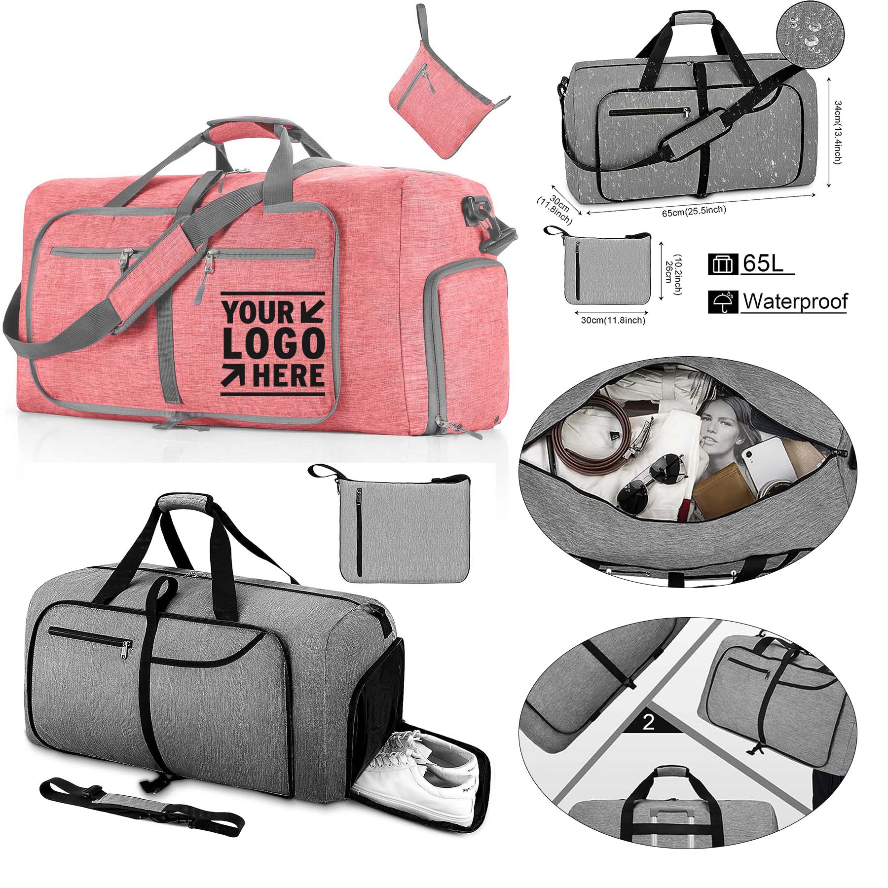 65L Travel Duffel Foldable Weekender Men Women Sport Gym Overnight Compartment Duffle Bag