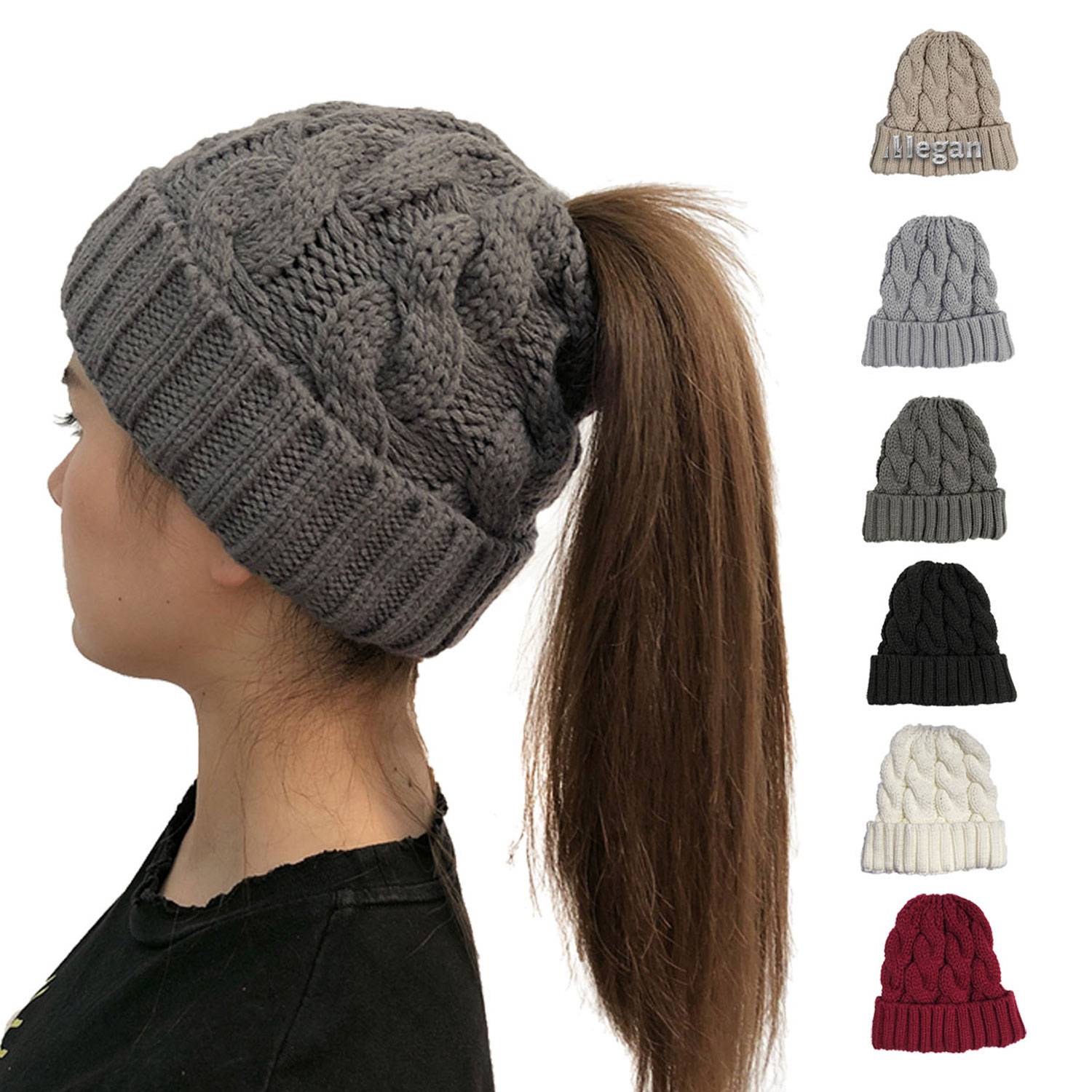 Women's Solid Color Curled Edge Knitted Ponytail Hat 1