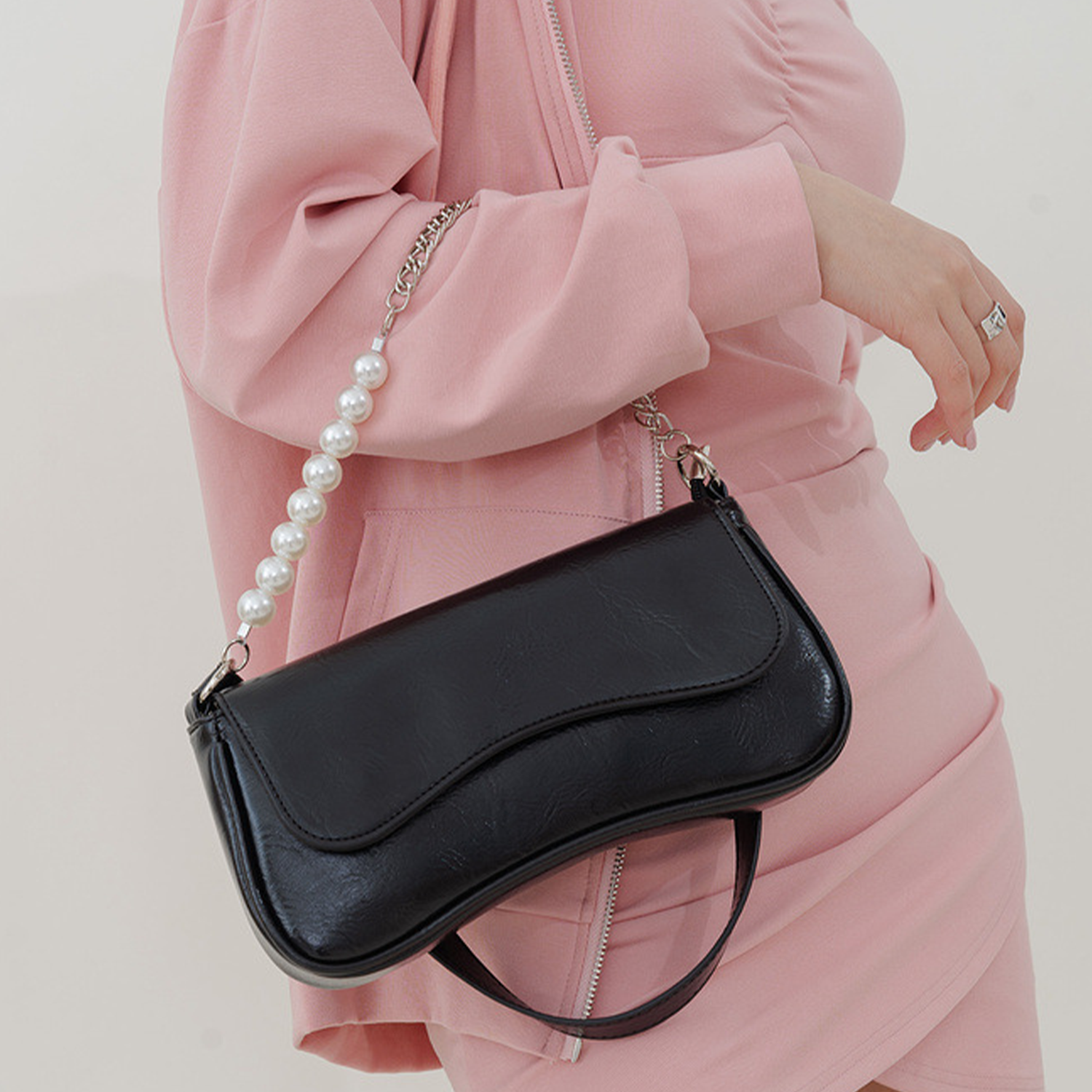 PU Leather Fashion Chain Pearl Shoulder Tote Bag 6