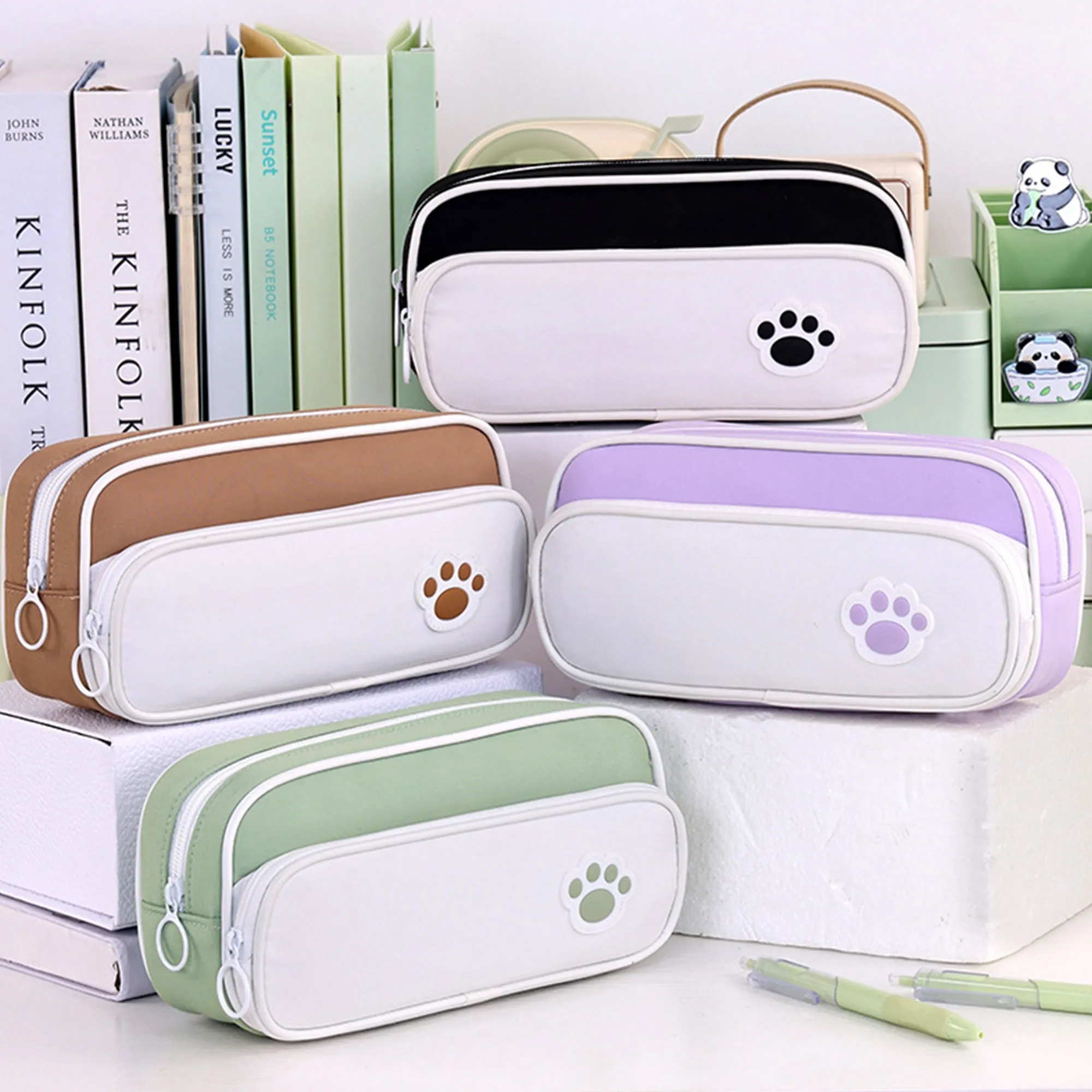 Stylish Double Layer Pencil Case With Paw Print For Students 3