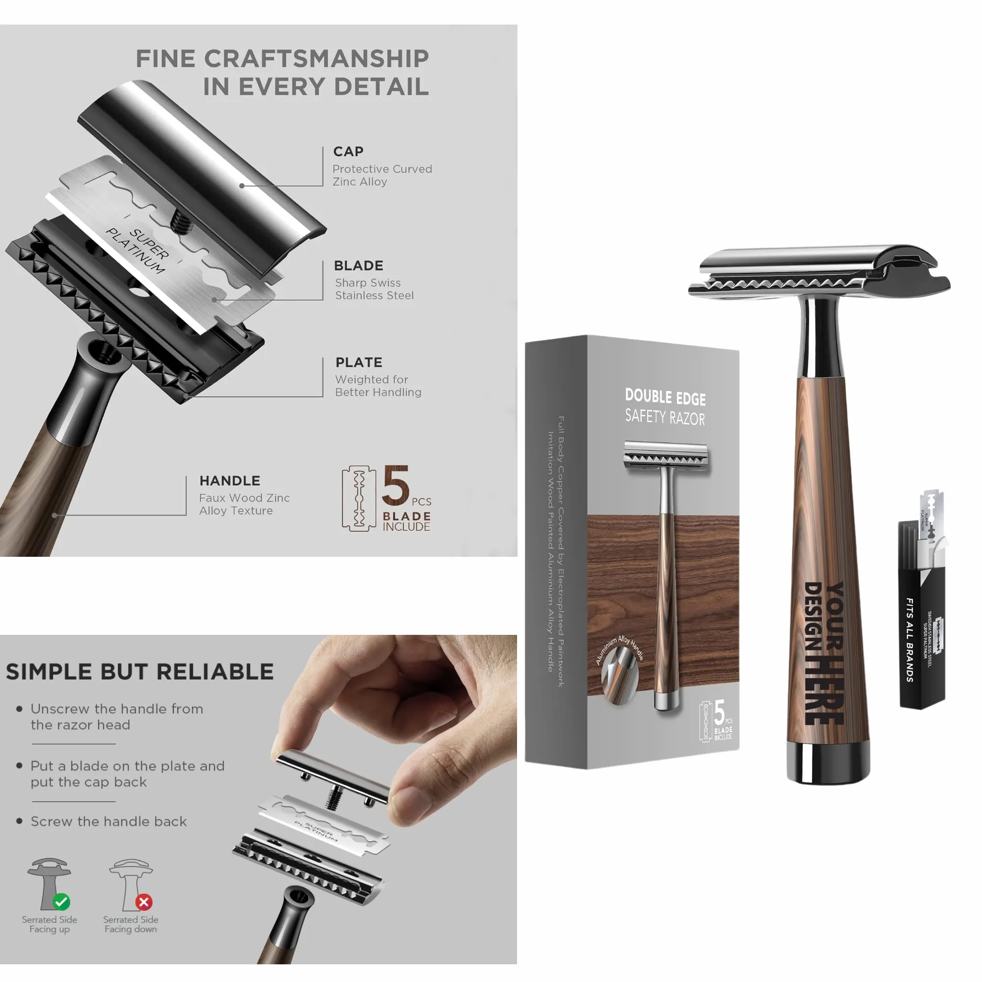 Double Edge Safety Razor: Wooden Handle Shaving & Grooming