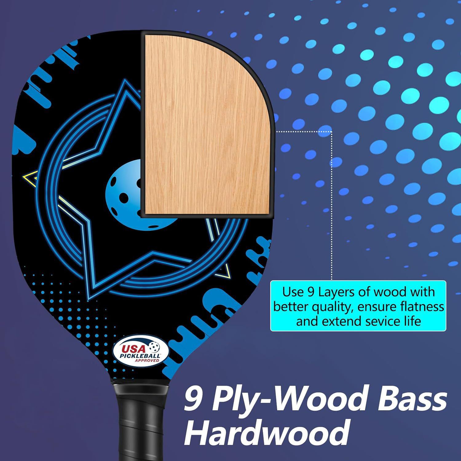 Wooden Pickleball Racket Paddle & Ball Set w/ Coolmax Towel 6